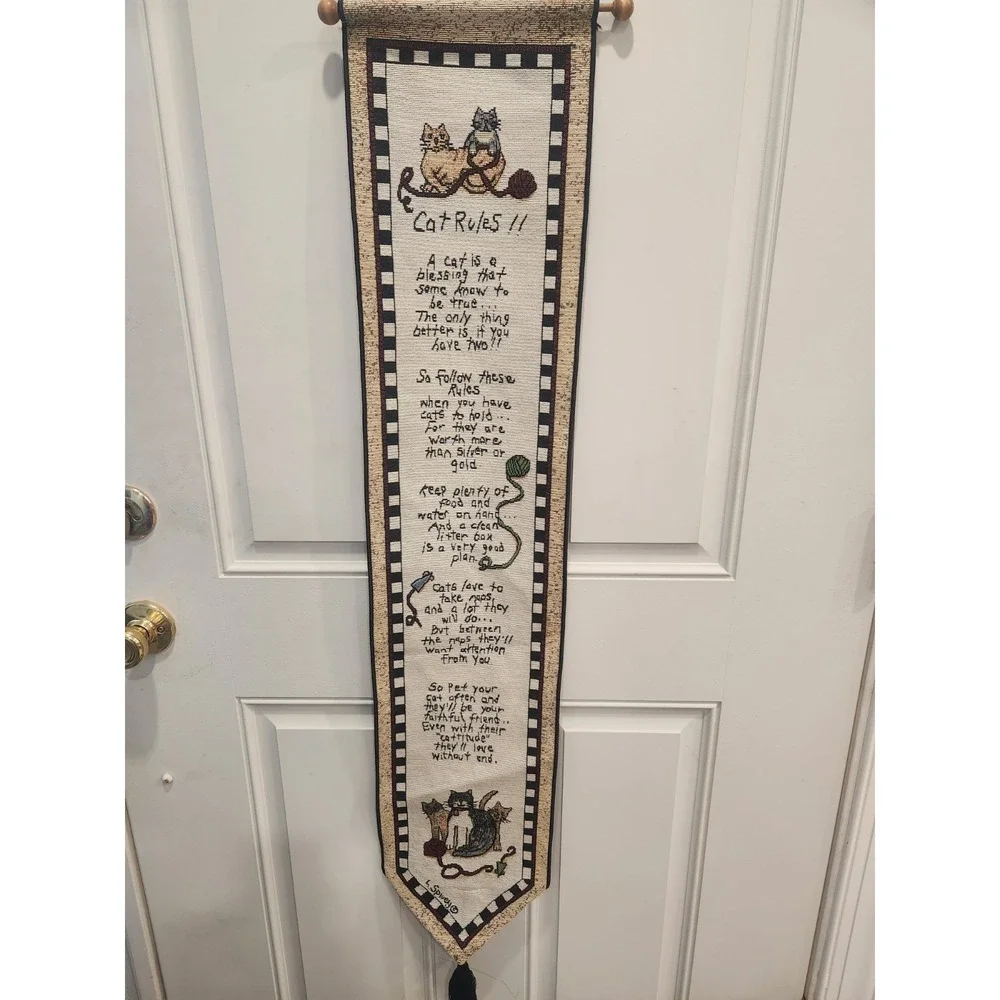 Vtg Linda Spivey Cat Rules Hanging Wall Tapestry Cottagecore Country 8.5
